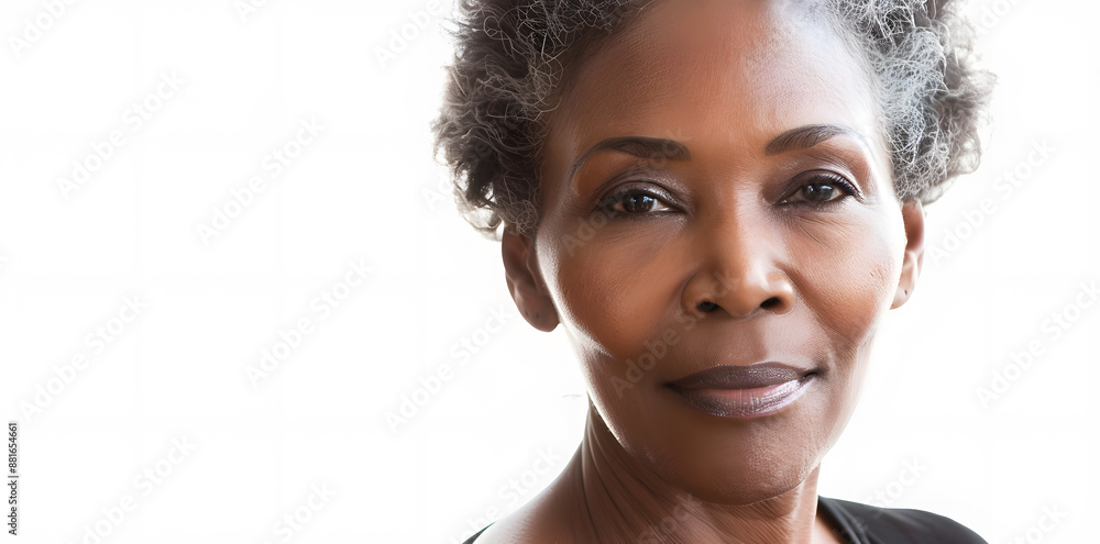 Naklejka premium Closeup photo portrait of a happy beautiful elderly mature African American woman smiling isolated on white background