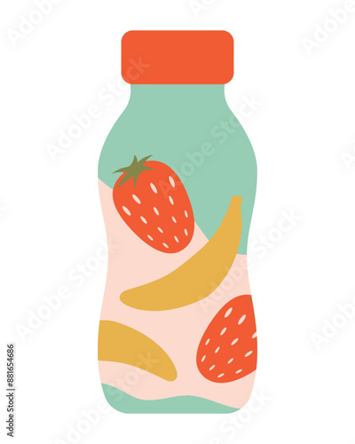 Drinking yogurt in a plastic bottle. Yogurt with strawberries and banana. Baby food. Isolated vector illustration in clip art style.