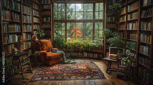 A cozy library room with rain tapping on the window