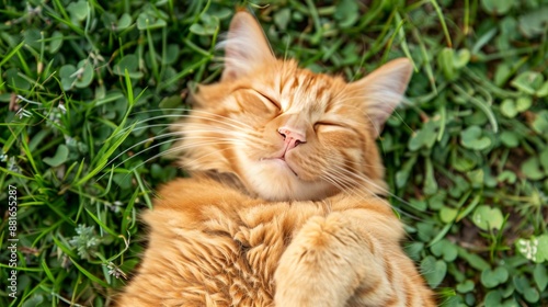 orange cat laying on the grass