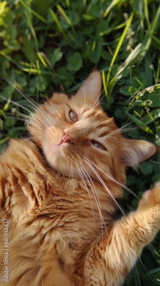 Fototapeta premium orange cat laying on the grass