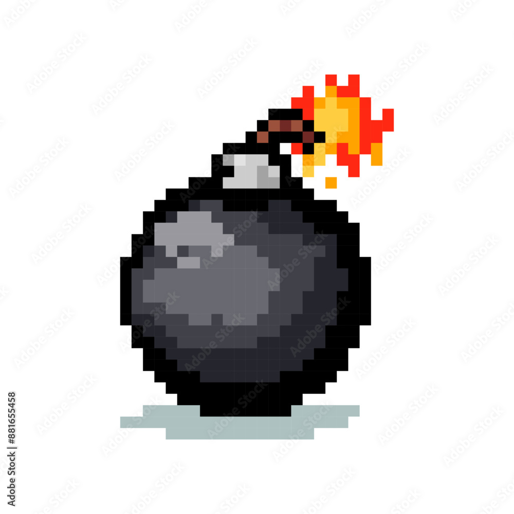A pixelated bomb icon with a lit wick. Arcade game symbol, web icon. Bomb icon. Burning bomb in pixel style. A pixelated bomb icon with a lit wick. Arcade game symbol, web icon. Bomb icon. Burning bomb in pixel style.
