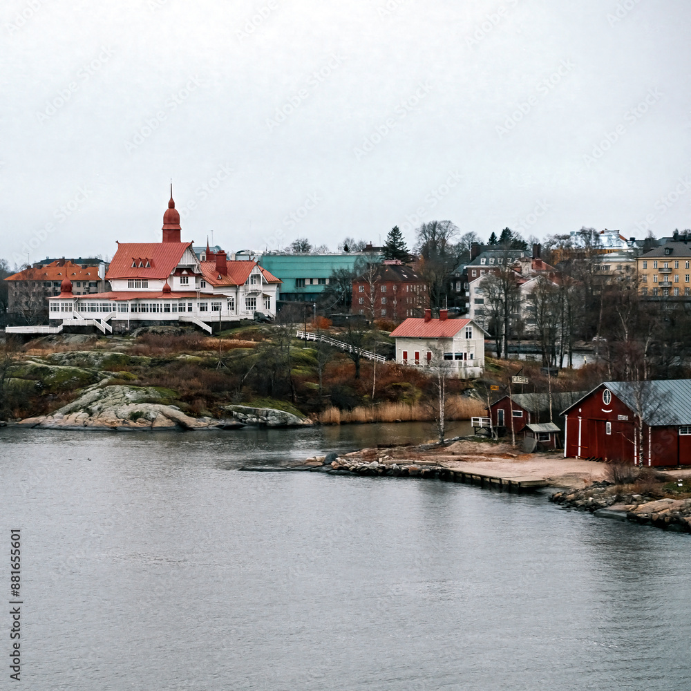 Obraz premium Coastal view in Gulf of Helsinki in Baltic sea. View of shore near Helsinki port