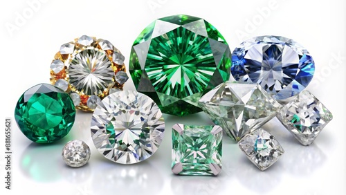 Assorted magnificent diamonds varying in cut, color, and clarity, including round brilliant, emerald, cushion, princess, and marquise, on white.