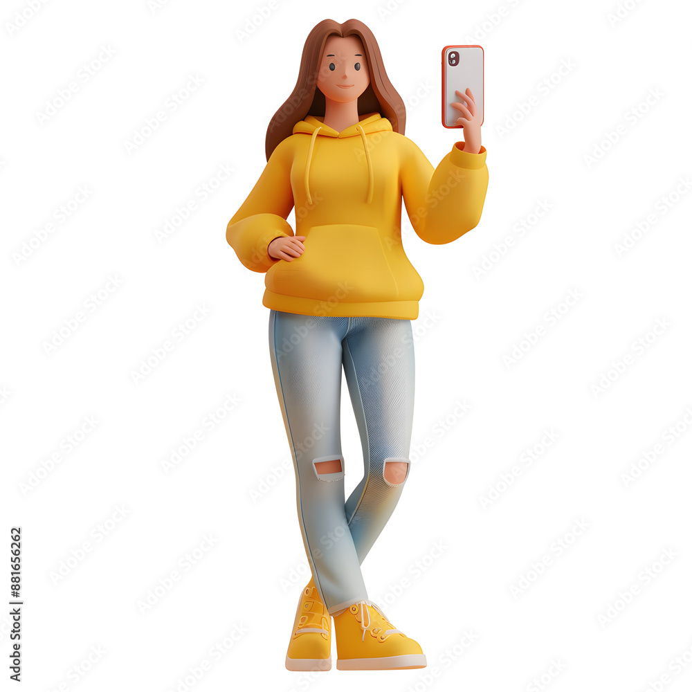 3D pretty cartoon young girl standing, using cell phone or taking a selfie, isolated on white background 3D pretty cartoon young girl standing, using cell phone or taking a selfie, isolated on white background