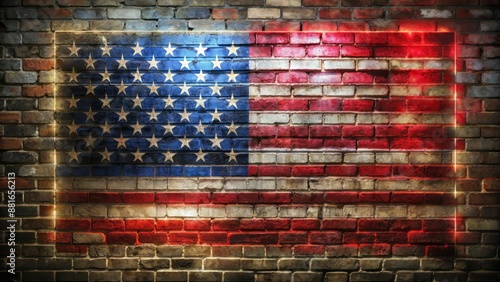 Highly detailed, photo realistic depictions of a vibrant neon American flag emblem adhered to a distressed, graffiti-covered brick wall backdrop.