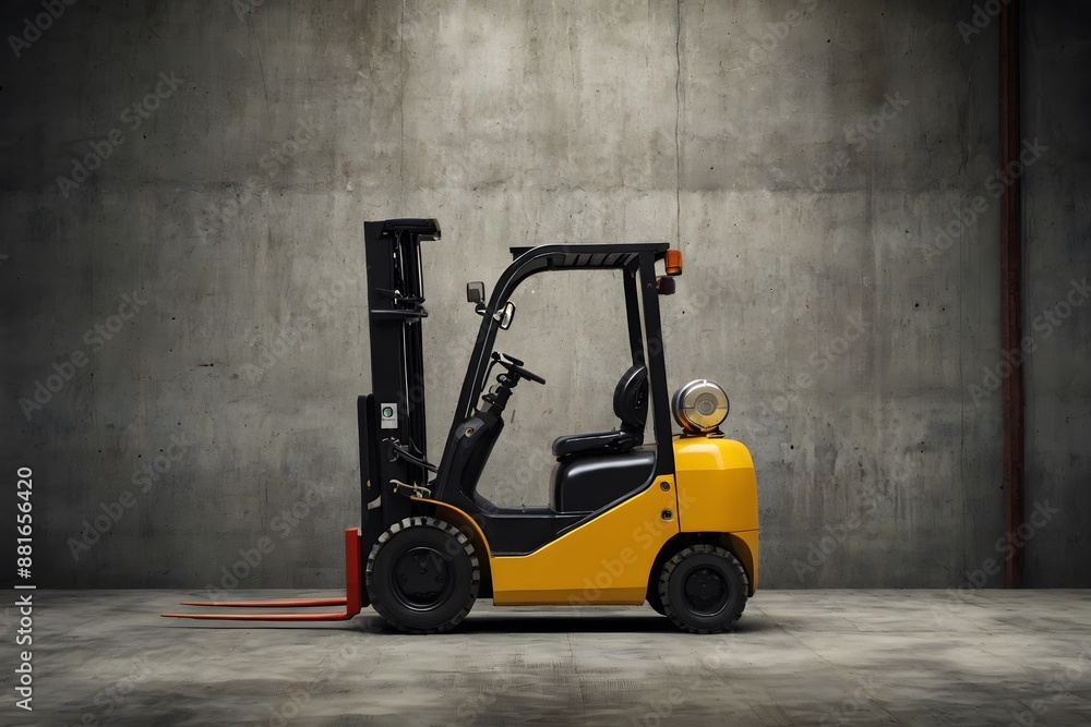 Forklift standing on industrial dirty concrete wall background Forklift standing on industrial dirty concrete wall background