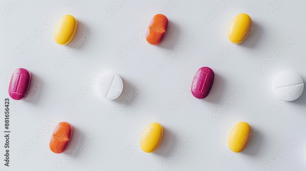 Various vibrant pills on white surface Medication in tablet and capsule form Various vibrant pills on white surface Medication in tablet and capsule form