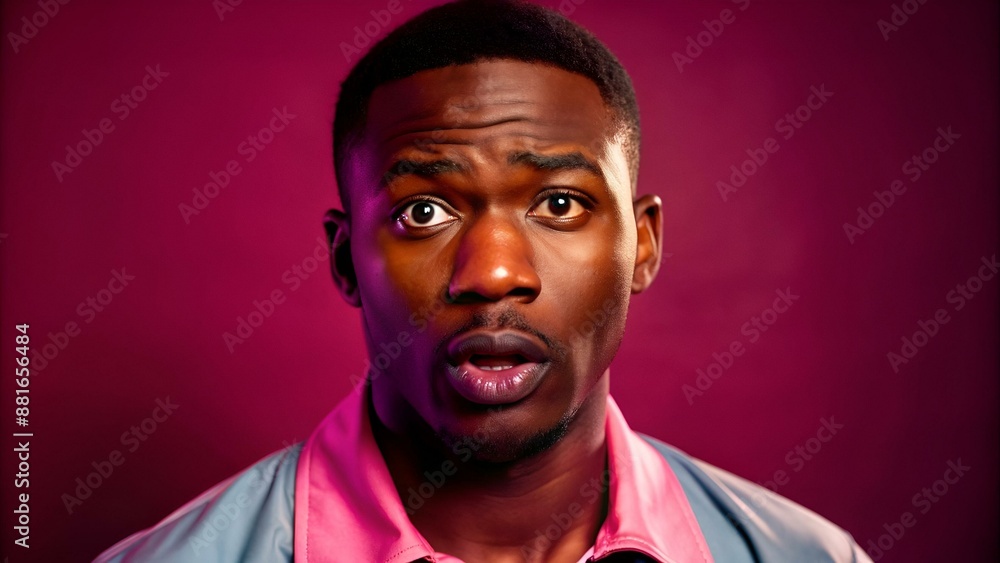 Photo of puzzled African American male worker purses lips and looks surprisingly, can`t understand how to do task, has healthy dark skin, poses against pink background. People and bewilderment Photo of puzzled African American male worker purses lips and looks surprisingly, can`t understand how to do task, has healthy dark skin, poses against pink background. People and bewilderment