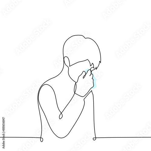 sad man stands with his head bowed and wipes his tears with a handkerchief - one line art vector. concept silently crying male tears, sensitive, allergy, conjunctivitis