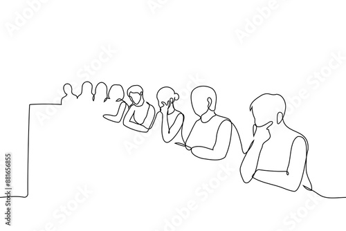 group of adults sits at a long table on one side - one line art vector. concept observers, commission, press conference