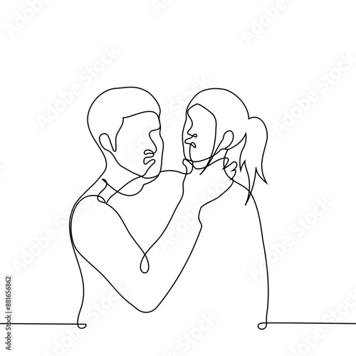 aggressive irritated man grabbed woman's neck with his hand - one line art vector. concept desire to strangle, aggression, strangulation, killer, state of passion, hatred of women