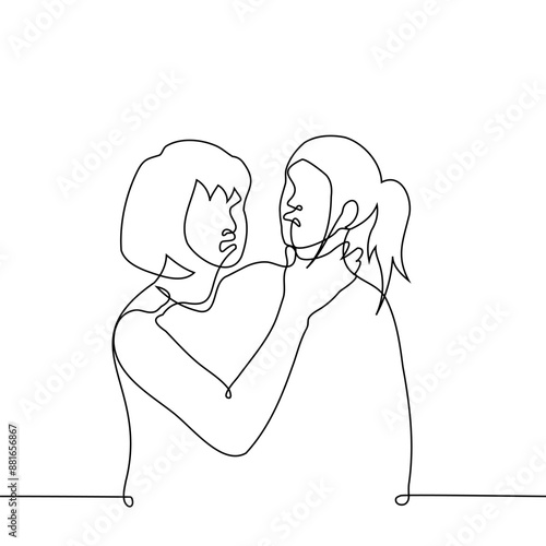 aggressive irritated woman grabbed another's neck with his hand - one line art vector. concept desire to strangle, aggression, strangulation, killer, state of passion