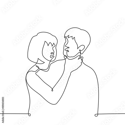 aggressive irritated woman grabbed the man's neck with her hand - one line art vector. concept desire to strangle, aggression, strangulation, killer, state of passion