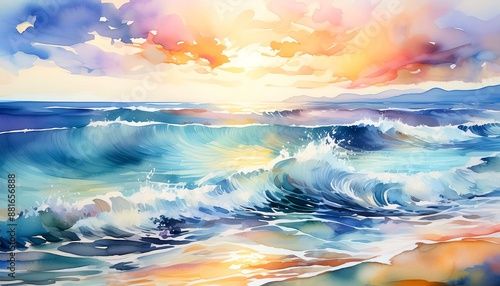 Serene watercolor scene of a calm ocean with gently lapping waves and a distant horizon at sunset. Illustration. 2