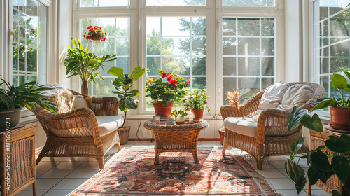 A bright and airy sunroom with wicker furniture, potted plants, and large windows