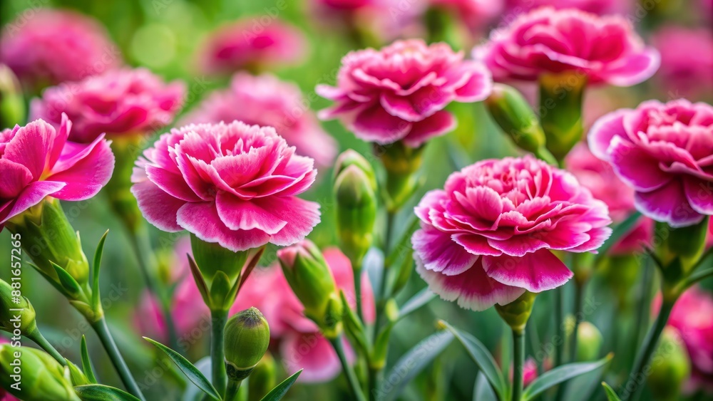Delicate, velvety pink miniature carnations with frilly petals and slender stems blooms abundantly in a lush, vibrant garden background. Delicate, velvety pink miniature carnations with frilly petals and slender stems blooms abundantly in a lush, vibrant garden background.