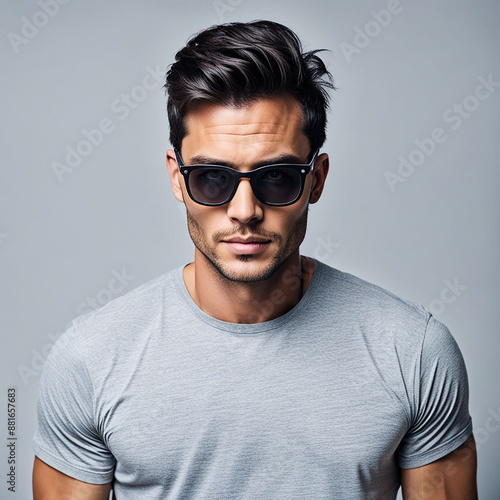 Stylish Fashionable Man Wearing Glasses in Studio in T shirt 