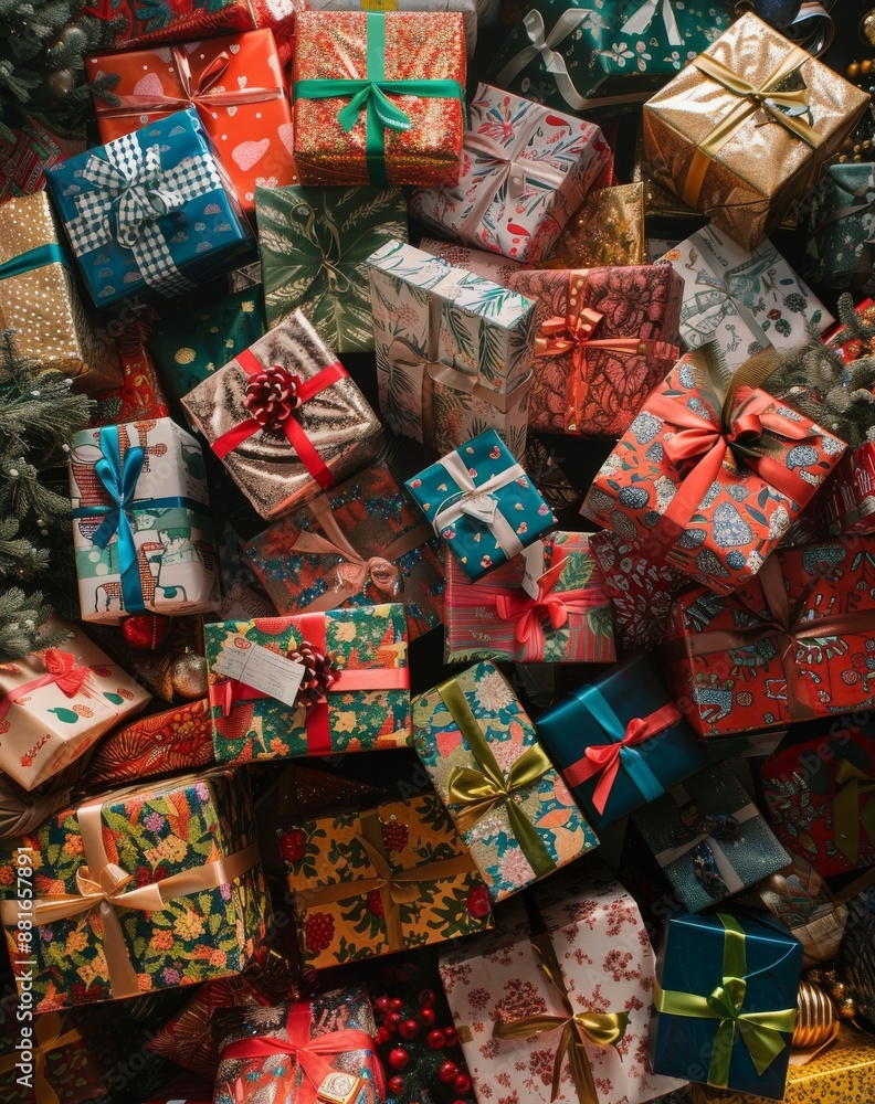 An assortment of neatly wrapped gift boxes in various colors and patterns, all adorned with ribbons and bows, offering a visually festive and inviting holiday gift display. An assortment of neatly wrapped gift boxes in various colors and patterns, all adorned with ribbons and bows, offering a visually festive and inviting holiday gift display.