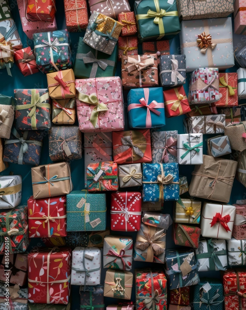 A variety of neatly wrapped gifts in diverse colors and patterns, adorned with colorful bows, arranged to create a joyful and celebratory display suitable for any festive event. A variety of neatly wrapped gifts in diverse colors and patterns, adorned with colorful bows, arranged to create a joyful and celebratory display suitable for any festive event.