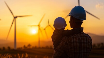Silhouette of father and son with clipping path in hard hat Happy dad carrying son on shoulders checking project at wind farm site on sunset in evening time.