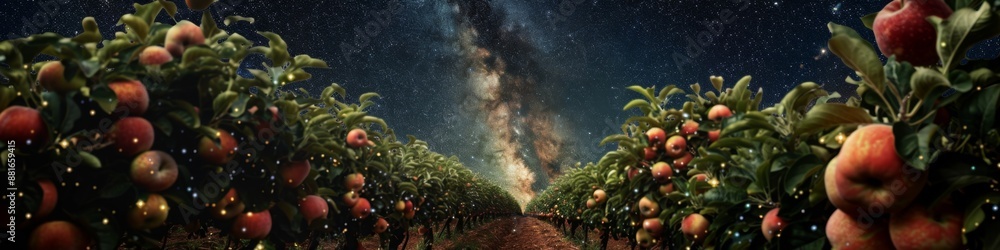 Obraz premium Abstract Wallpaper of a Fruit Orchard under a Starry Night Sky. Dreamlike Atmosphere with Lush Fruits and Twinkling Stars, Highlighting Organic Farming and Healthy Living Themes in an AI-Generated Hig