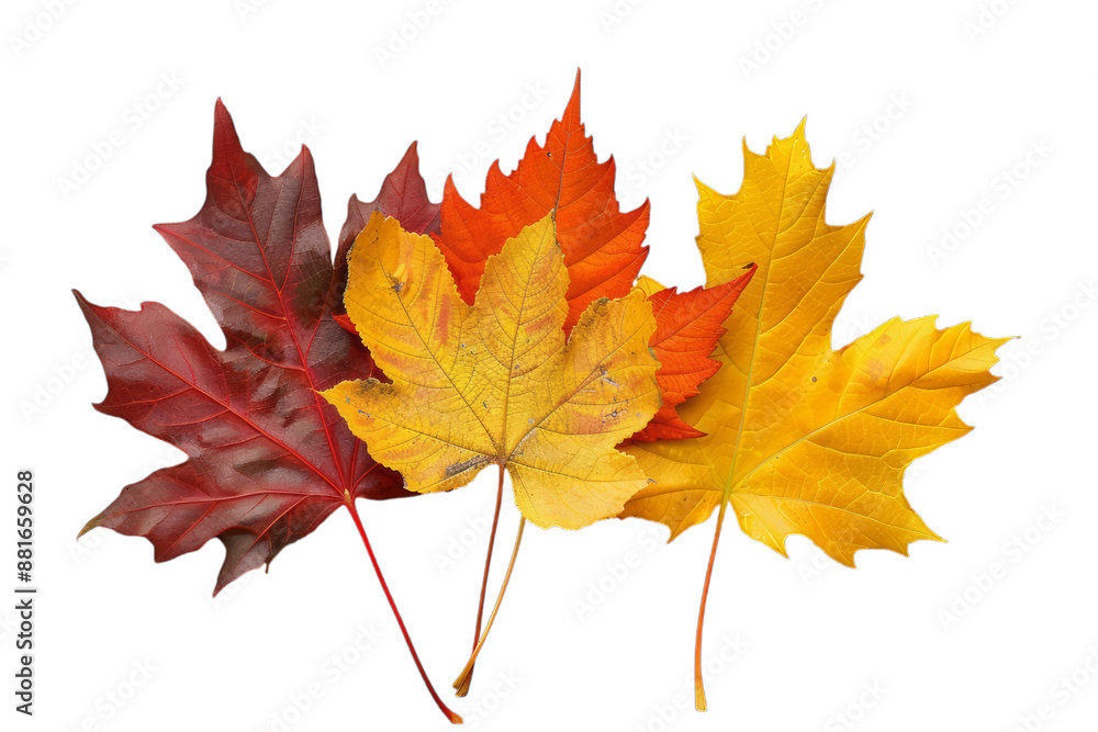 A small group of colorful autumn leaves, one deep red maple leaf, oak leaf, and maybe birch leaf arranged in a fan shape, isolated white background, leave plentiful space. A small group of colorful autumn leaves, one deep red maple leaf, oak leaf, and maybe birch leaf arranged in a fan shape, isolated white background, leave plentiful space.