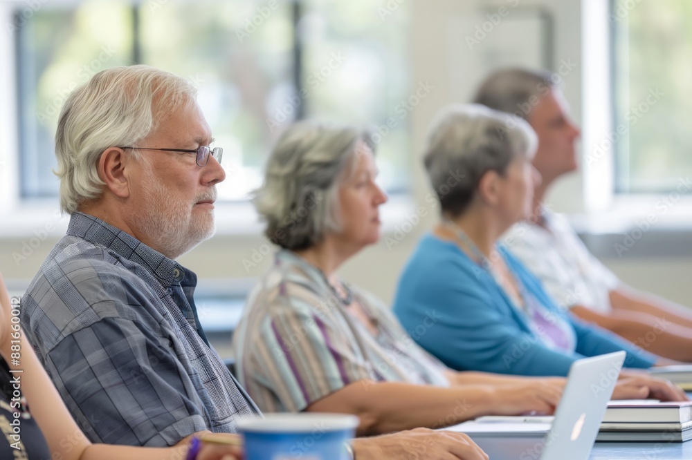 Fototapeta premium Senior adults engage in academic courses for personal development and knowledge. Interactive classrooms support wisdom and brain activity in elderly learners, fostering lifelong learning