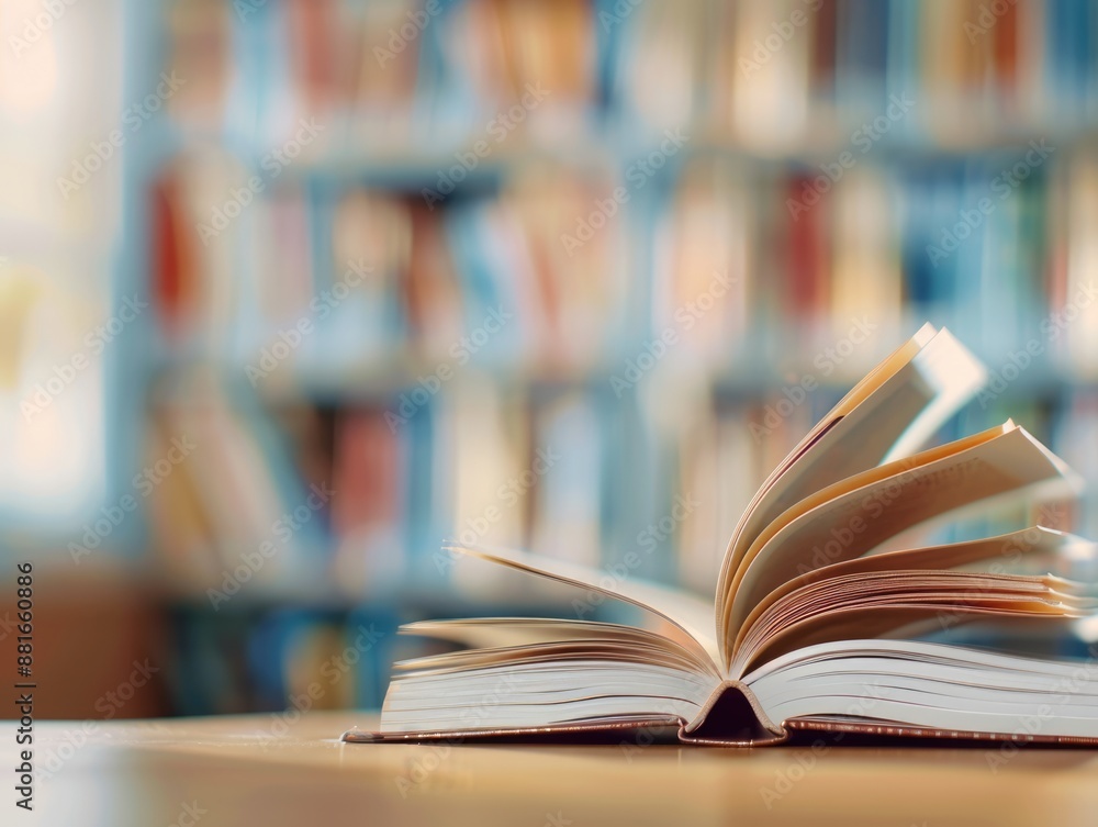 textbooks open on a table focus on, educational materials, realistic, Composite, library backdrop textbooks open on a table focus on, educational materials, realistic, Composite, library backdrop