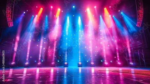 A colorful neon-lit concert stage with bright lights and fog, creating an electrifying atmosphere. AI Generative.