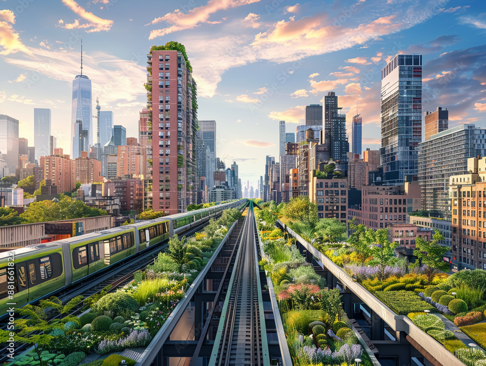 Fototapeta premium A cityscape featuring green roofs, urban gardens, and public transportation, representing sustainable living and innovative green initiativeshighly details , 8K