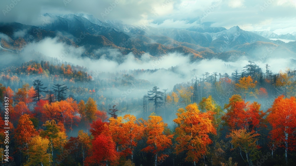 Autumn mountains, vibrant foliage, misty valleys, crisp air, scenic and peaceful, early morning light Autumn mountains, vibrant foliage, misty valleys, crisp air, scenic and peaceful, early morning light