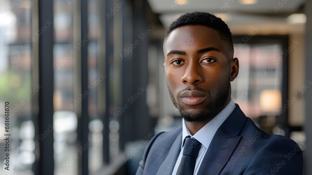 Confident African American Business Executive in Sharp Suit Gazing at in Minimalist Modern Office Confident African American Business Executive in Sharp Suit Gazing at in Minimalist Modern Office