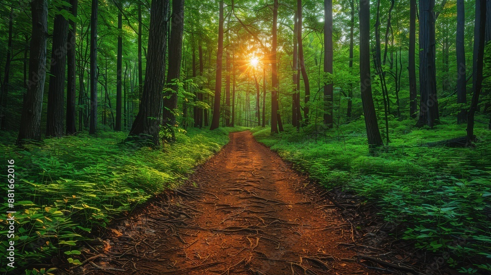 Fototapeta premium Summer forest trail, sunlight filtering through trees, vibrant green leaves, warm and inviting