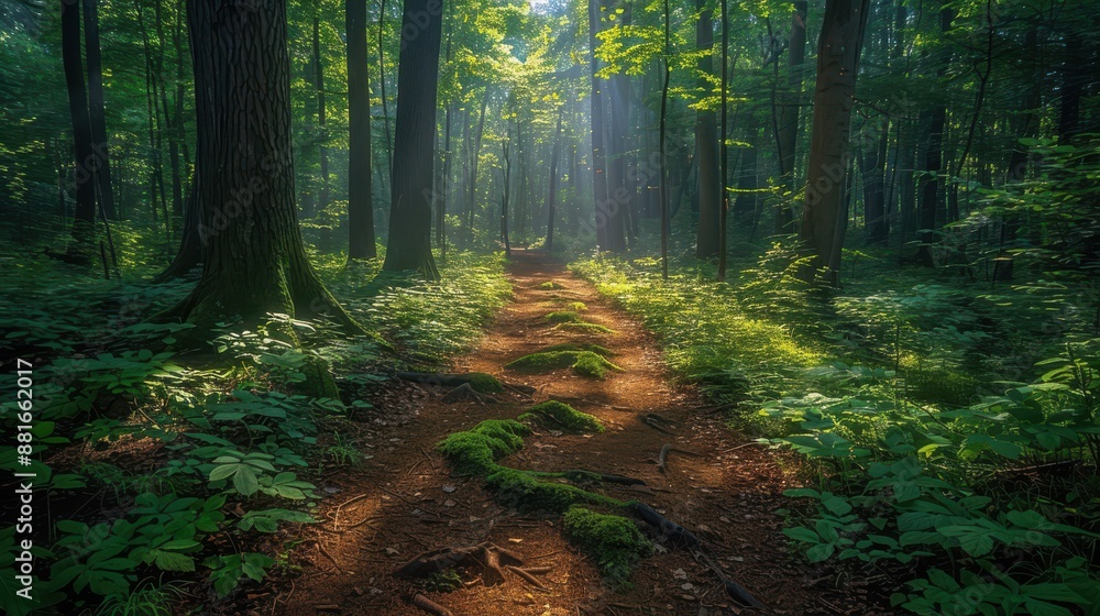 Obraz premium Summer forest trail, sunlight filtering through trees, vibrant green leaves, warm and inviting