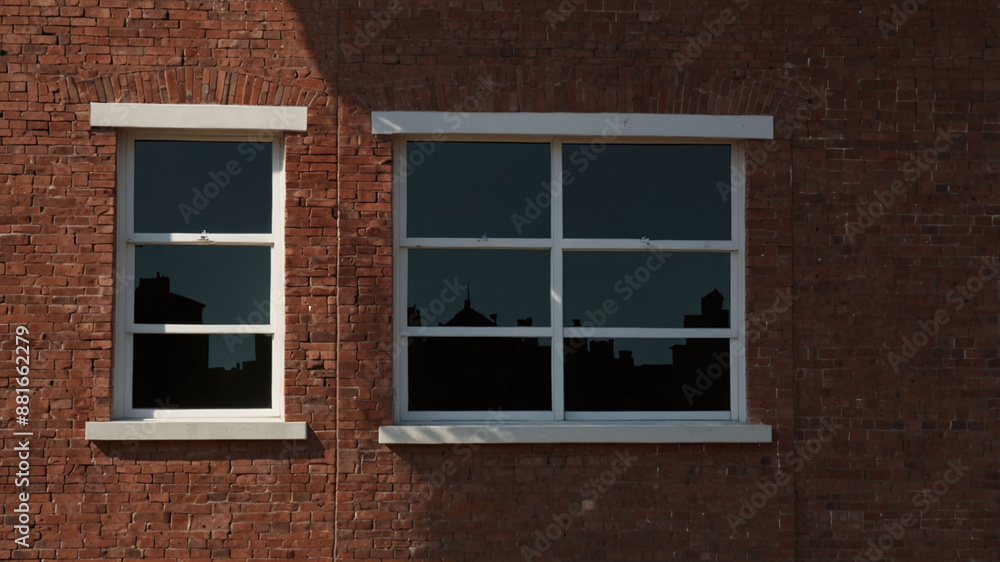 Reflections of Urban Skyline on Windows of a Historic Red Brick Building in Downtown Area Reflections of Urban Skyline on Windows of a Historic Red Brick Building in Downtown Area