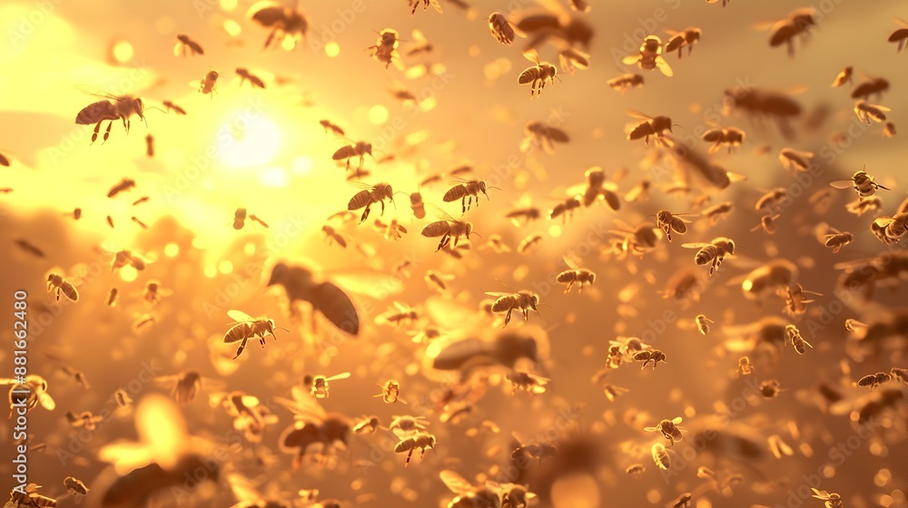 Vibrant Swarm of Honey Bees in Flight Against a Glowing Sunset Sky Vibrant Swarm of Honey Bees in Flight Against a Glowing Sunset Sky