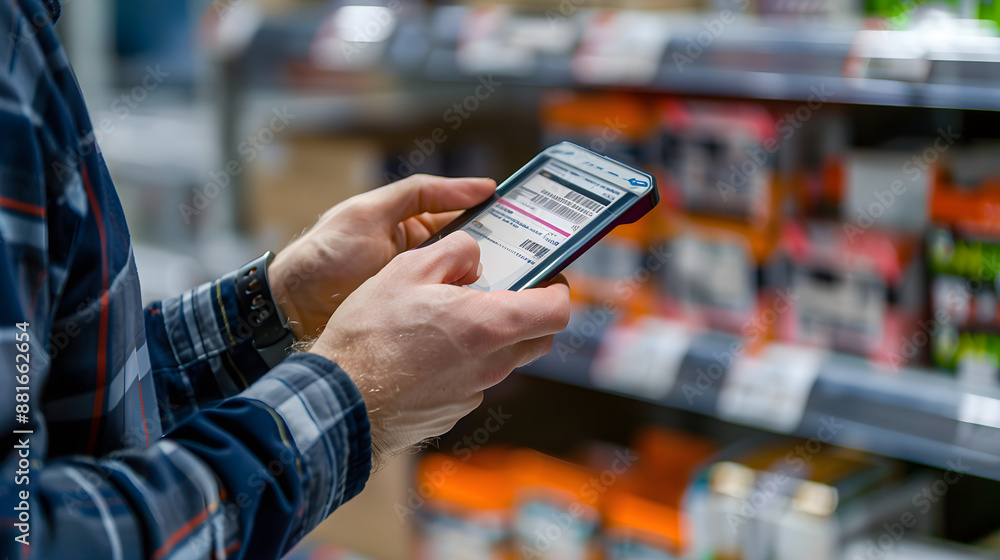 Individual scanning barcode on product using handheld device, focused and precise for accurate information gathering. Individual scanning barcode on product using handheld device, focused and precise for accurate information gathering.