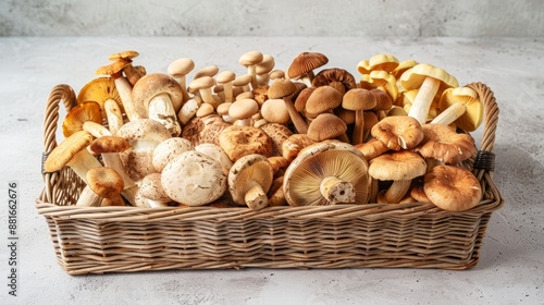 Fresh assorted mushrooms in a wicker basket on a kitchen counter. Concept of organic food, healthy eating, home cooking, fungi collection