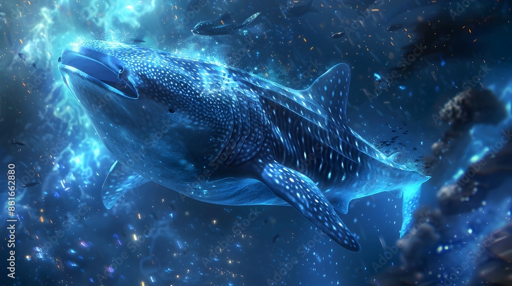 Majestic Whale Sharks and Manta Rays Gliding Through the Mysterious Bioluminescent Deep Sea Majestic Whale Sharks and Manta Rays Gliding Through the Mysterious Bioluminescent Deep Sea