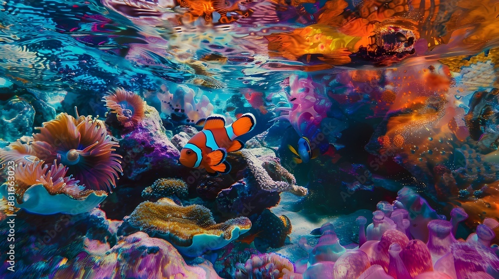 Naklejka premium Kaleidoscopic Coral Reef Oasis with Clownfish and Vibrant Chromatic Patterns