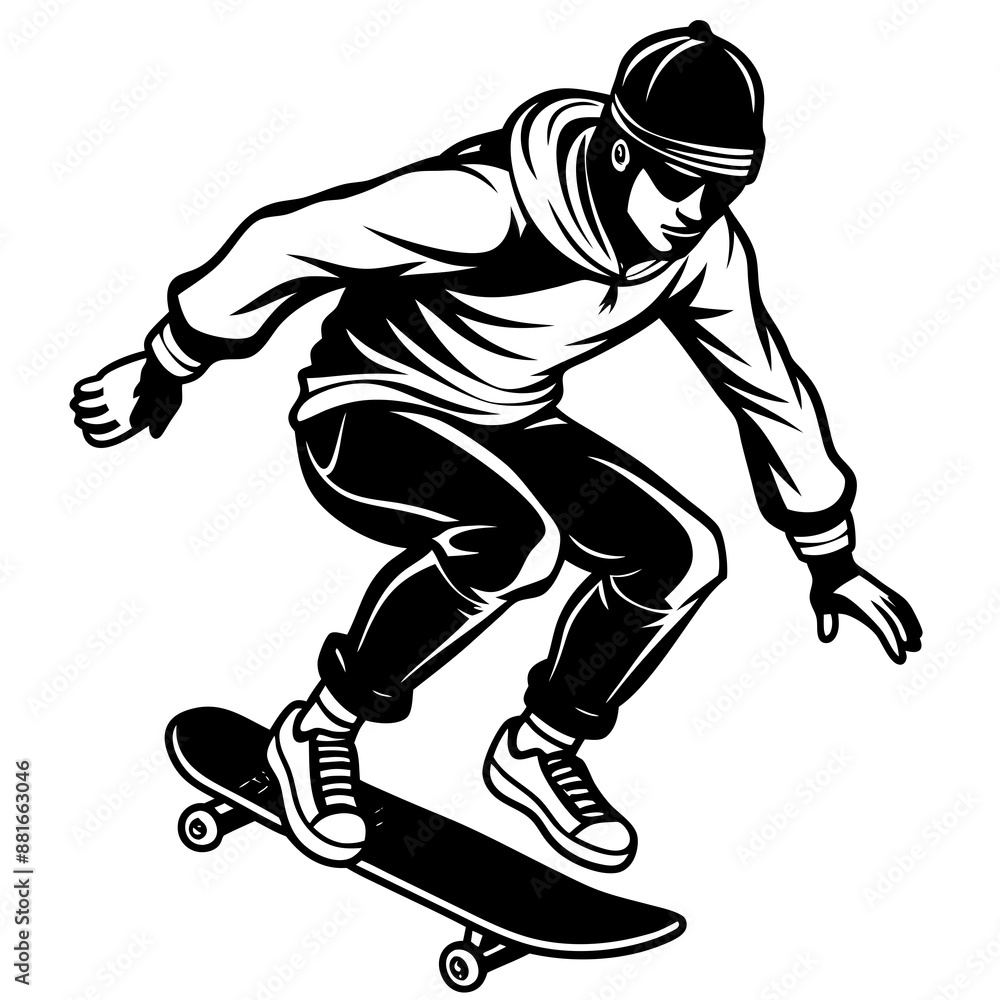 Obraz premium Skateboarder Vector Illustration: Cartoon, Clipart, Line Art Design for Printable Graphics 