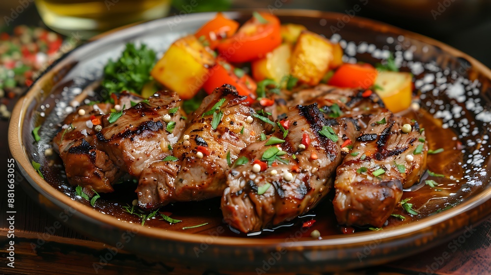 The brown dish has grilled meat and vegetables on it The brown dish has grilled meat and vegetables on it