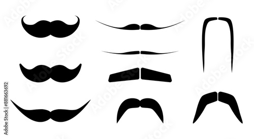 Moustaches set on white. Black moustache icons. A collection of moustache styles.
