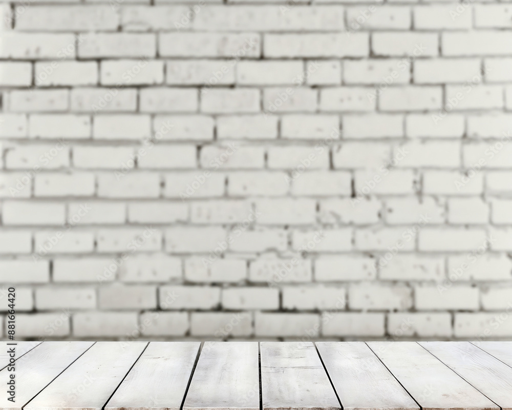Fototapeta premium Empty white wooden tabletop providing space for products and blurred white brick wall