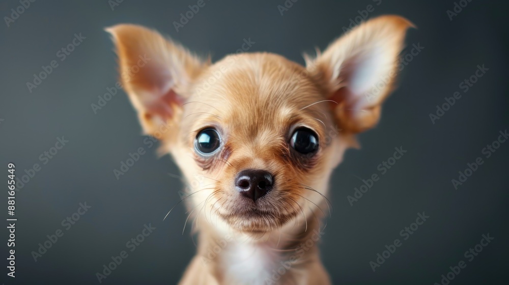 Adorable Chihuahua puppy gaze on gray backdrop close up Adorable Chihuahua puppy gaze on gray backdrop close up