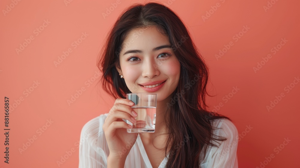 Happy woman drinking water on a pink background. Happy woman drinking water on a pink background.