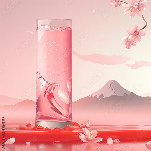 A high-end Japanese drink advertisement showing a chilled sakura beverage in a minimalist setting, with delicate cherry blossoms and sleek branding elementsvector illustrations photo