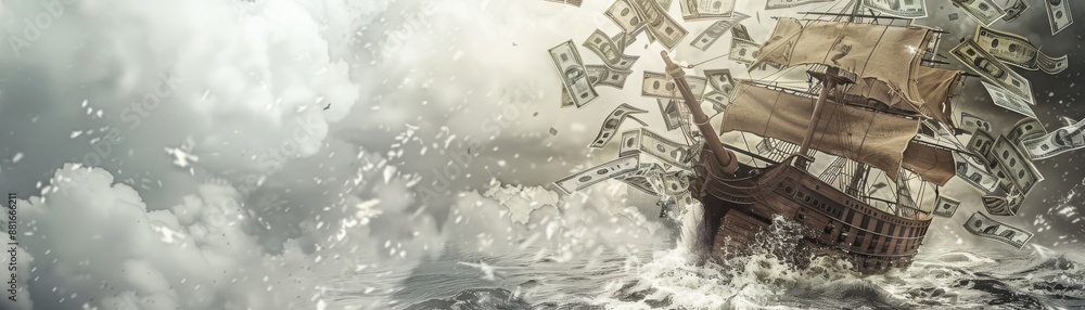 Obraz premium A ship struggling through a storm of flying cash, realistic background, depicting economic turmoil, isolated on a white background with ample copy space