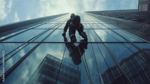A Window Cleaners Cleaning windows on high-rise buildings, working at significant heights and exposed to falling hazards, necessitating photo